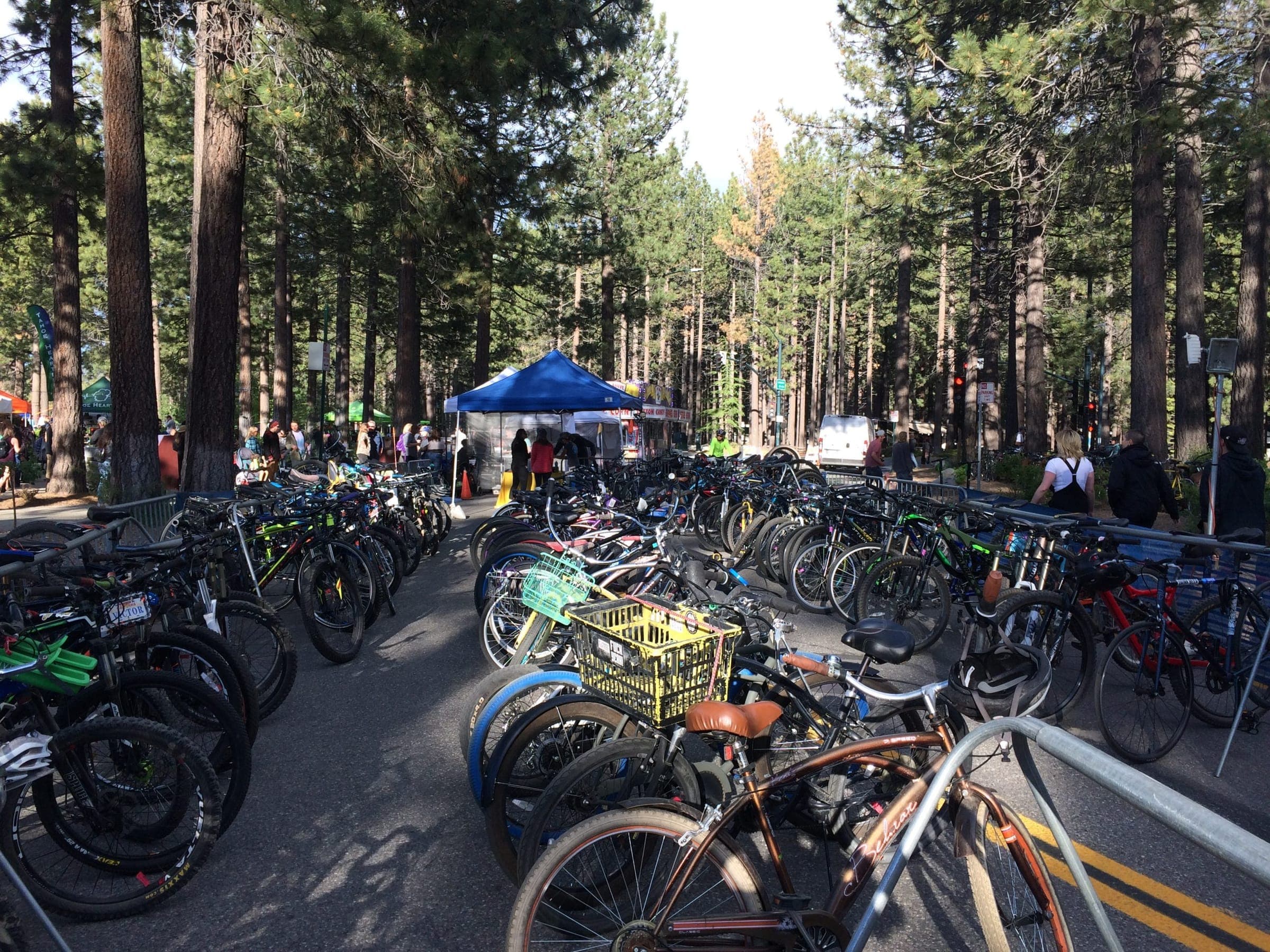 Bikes lined up in the valet at a Live at Lakeview concert in 2019